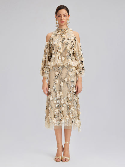 Sequin Floral Embroidery Cold-Shoulder Top