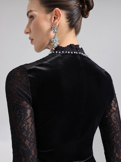 Hand-Beaded Sequin Lace & Velvet Panel Top