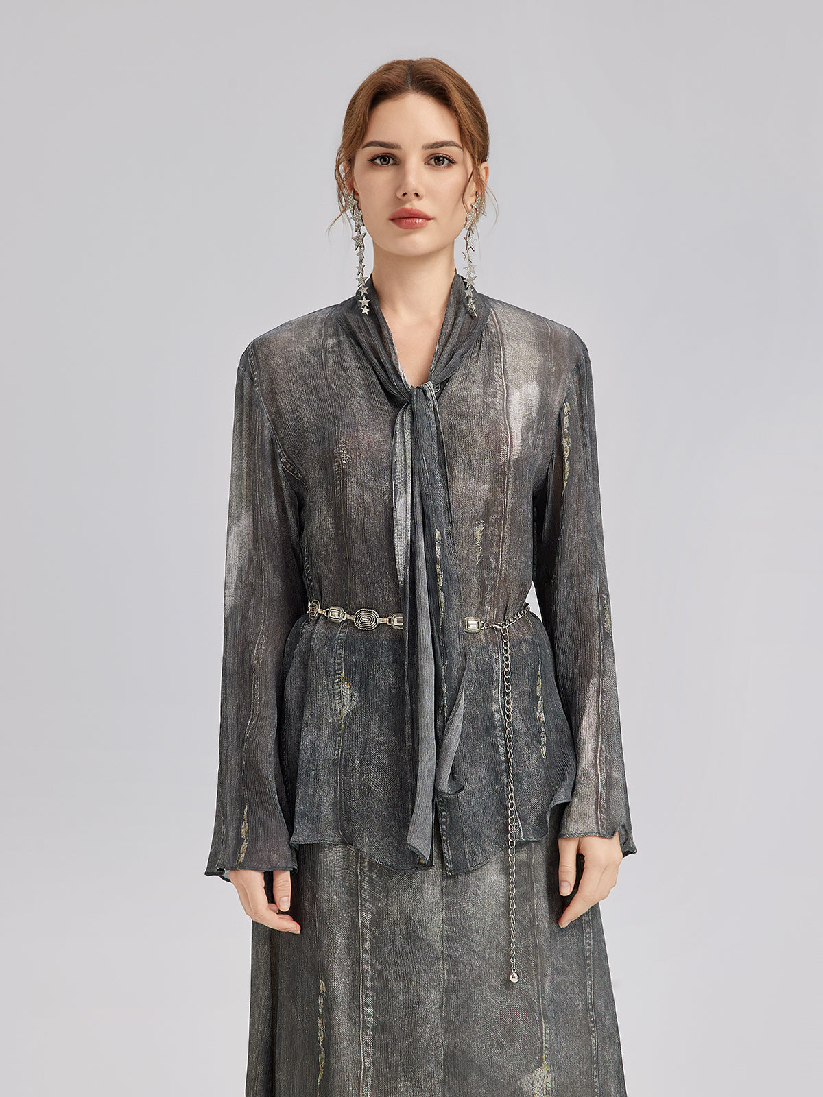 Final Sale | Faux Denim Washed Tie Blouse