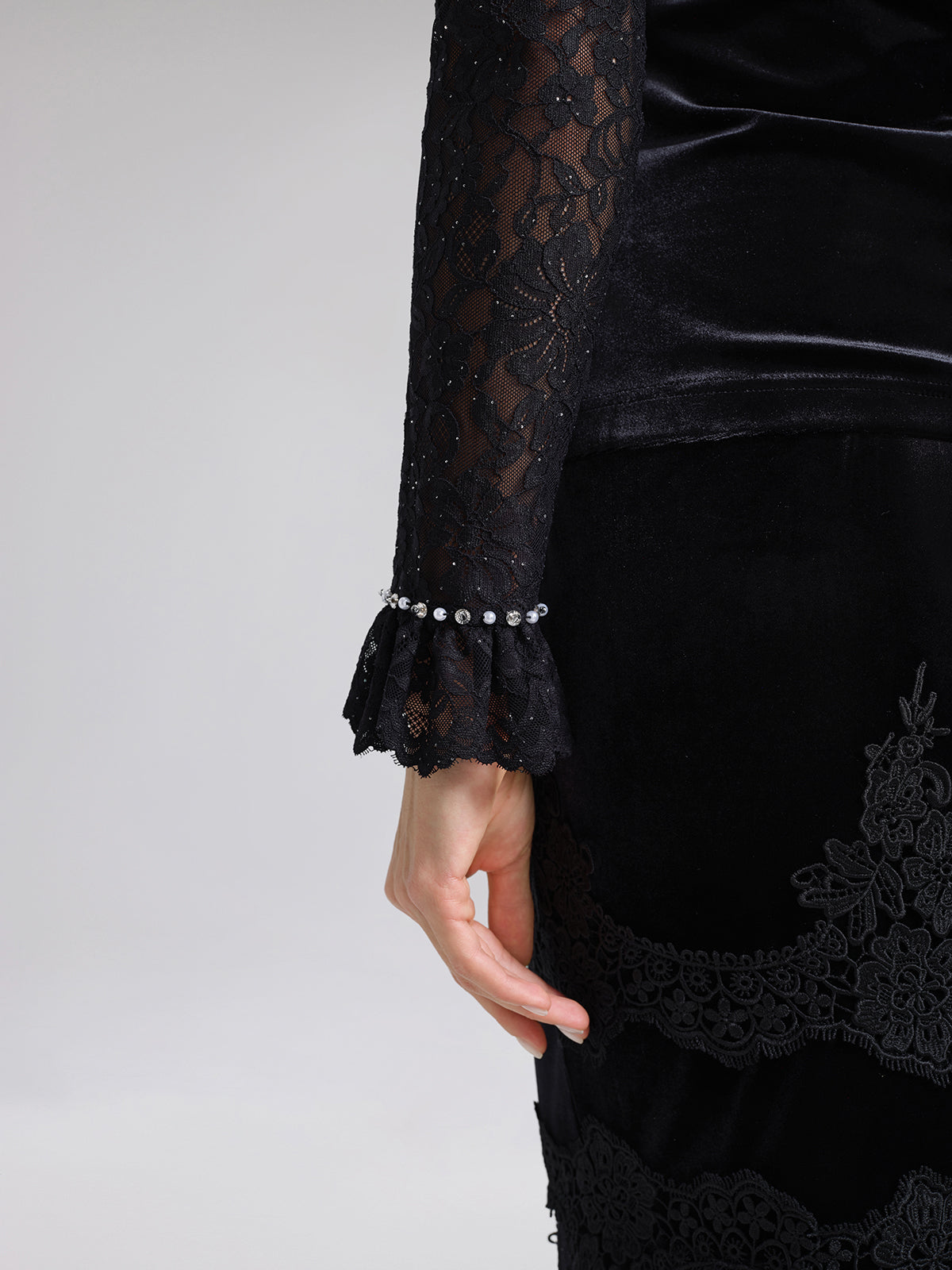 Hand-Beaded Sequin Lace & Velvet Panel Top