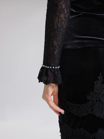Hand-Beaded Sequin Lace & Velvet Panel Top