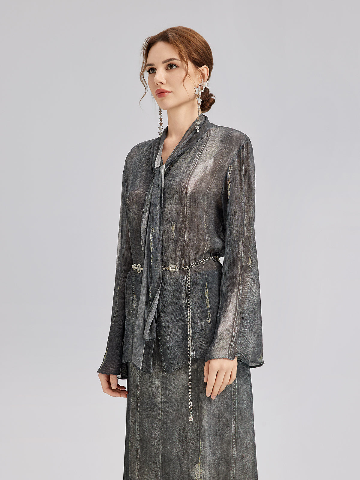 Final Sale | Faux Denim Washed Tie Blouse