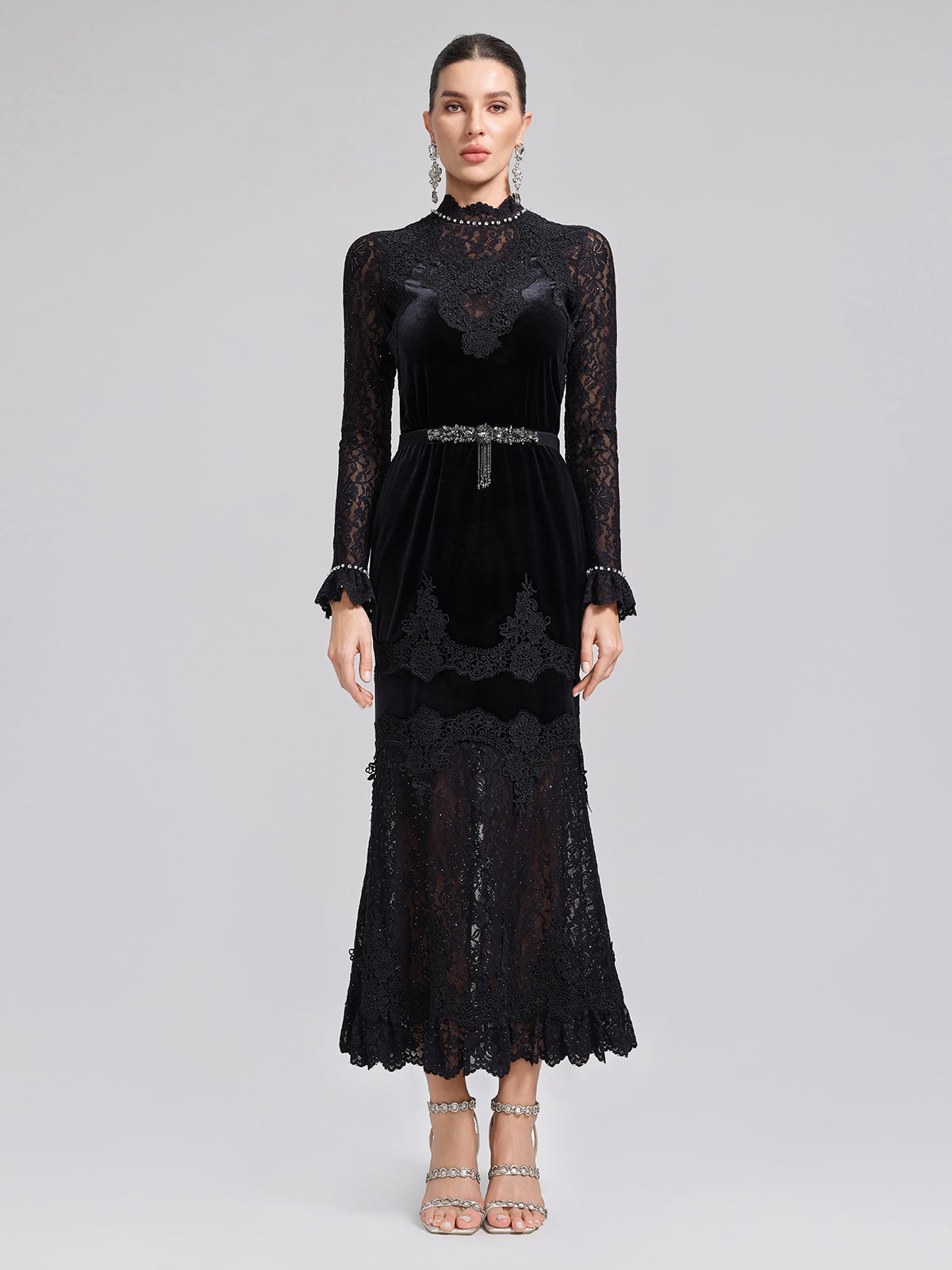 Sequin Lace Velvet Panel Fishtail Skirt