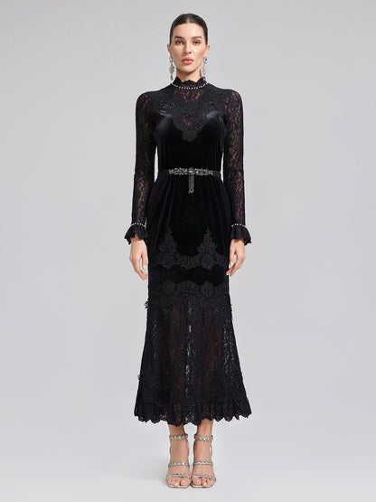Sequin Lace Velvet Panel Fishtail Skirt