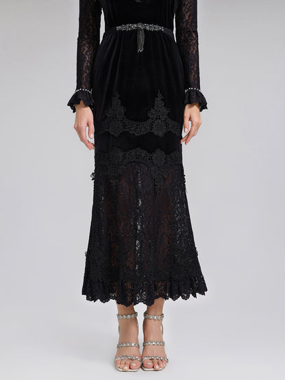 Sequin Lace Velvet Panel Fishtail Skirt