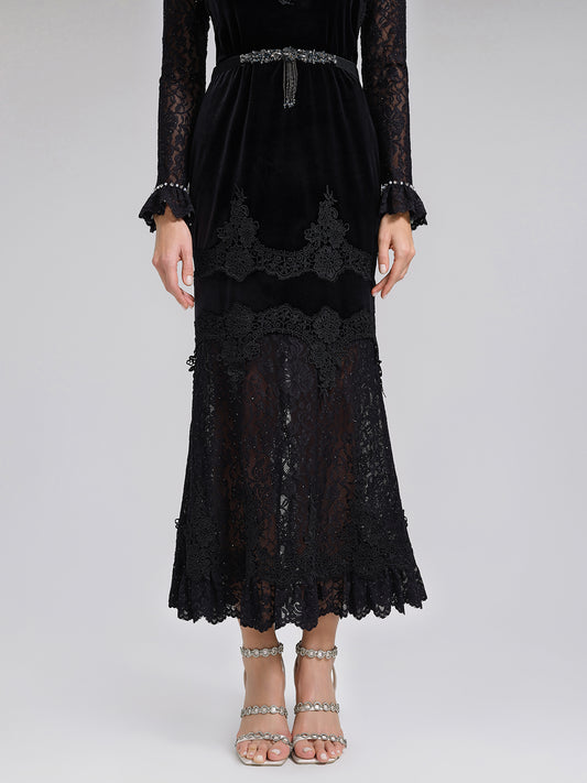 Sequin Lace Velvet Panel Fishtail Skirt