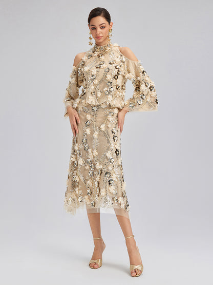 Sequin Floral Embroidery Cold-Shoulder Top