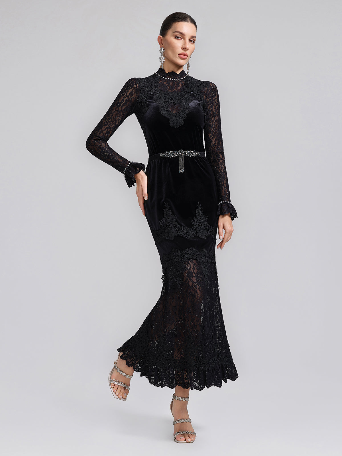 Sequin Lace Velvet Panel Fishtail Skirt