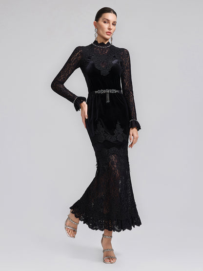 Sequin Lace Velvet Panel Fishtail Skirt