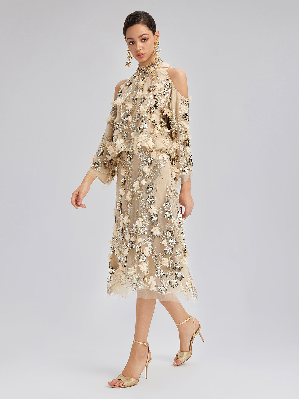 Sequin Floral Embroidery Cold-Shoulder Top