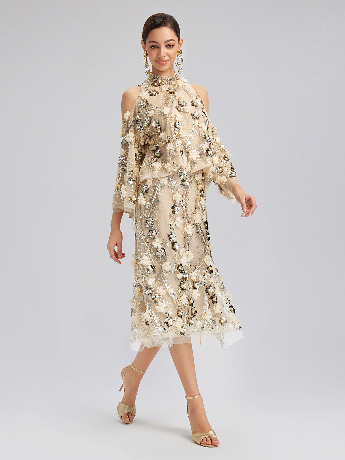 Sequin Floral Embroidery Cold-Shoulder Top