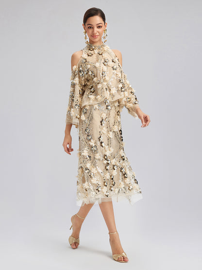 Sequin Floral Embroidery Cold-Shoulder Top