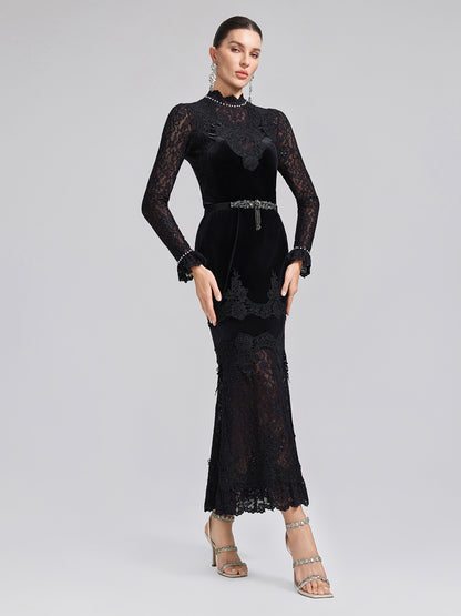 Sequin Lace Velvet Panel Fishtail Skirt