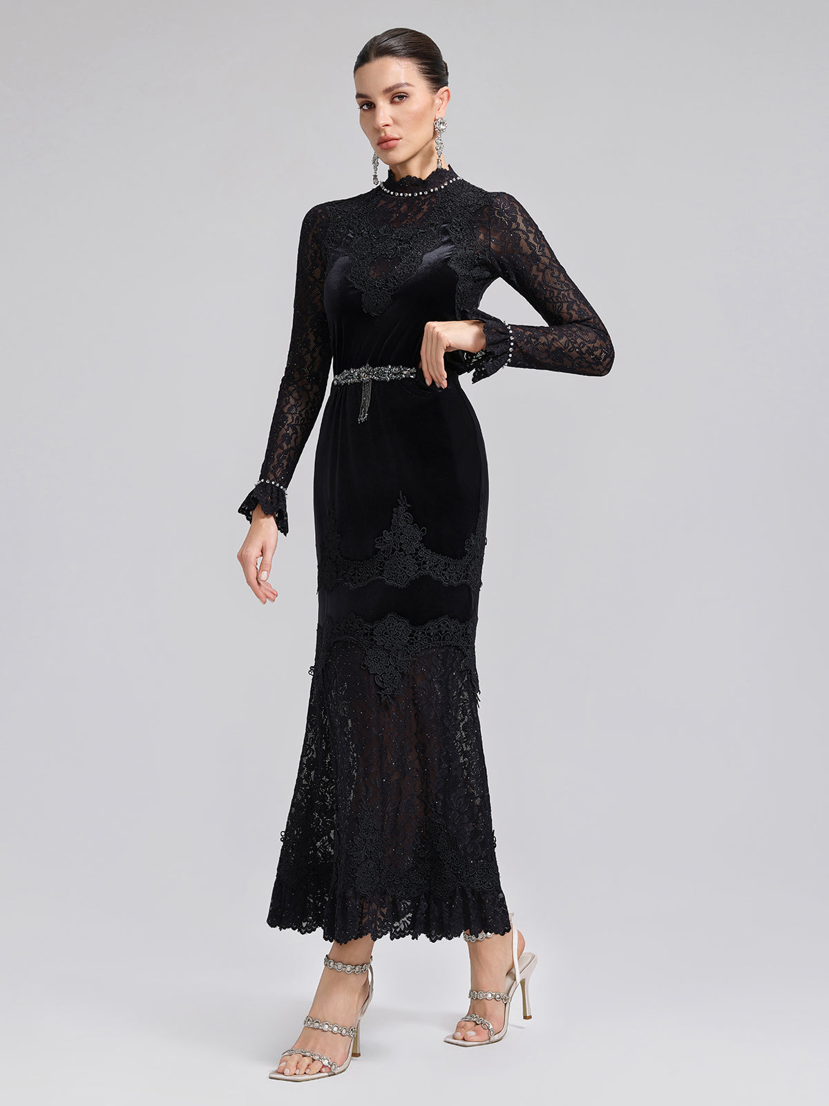 Sequin Lace Velvet Panel Fishtail Skirt
