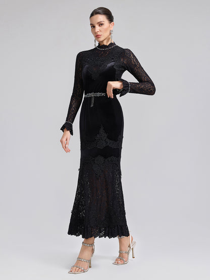 Sequin Lace Velvet Panel Fishtail Skirt