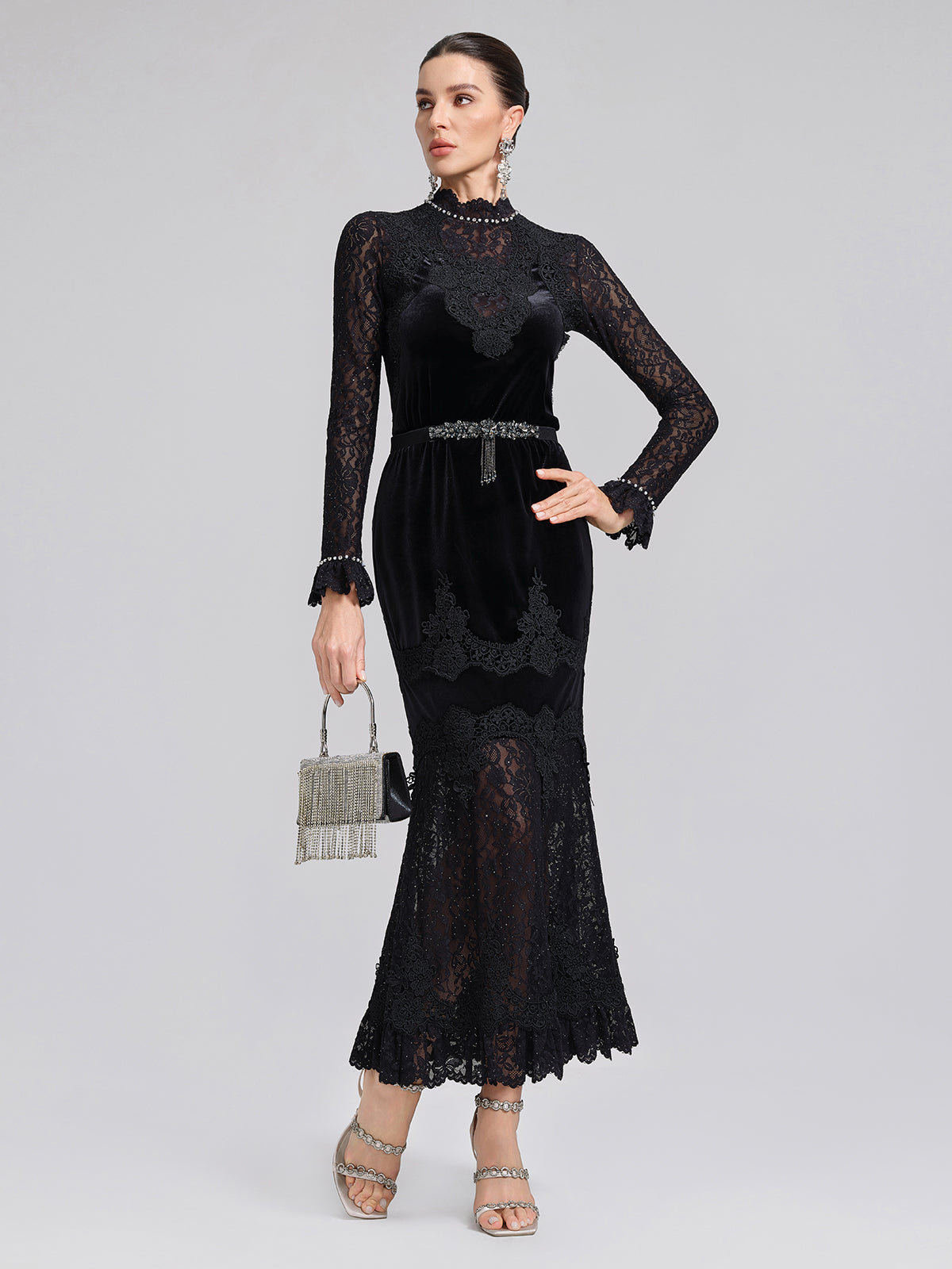 Sequin Lace Velvet Panel Fishtail Skirt
