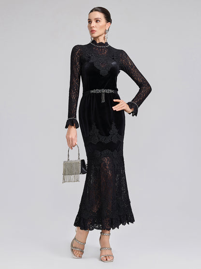 Sequin Lace Velvet Panel Fishtail Skirt