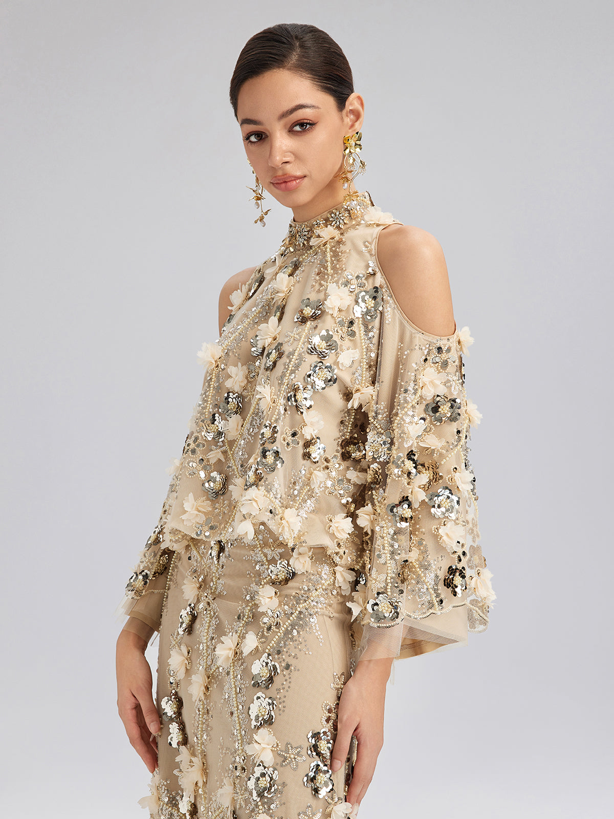 Sequin Floral Embroidery Cold-Shoulder Top