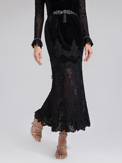 Sequin Lace Velvet Panel Fishtail Skirt