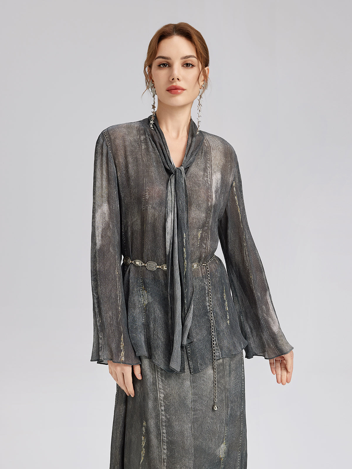 Final Sale | Faux Denim Washed Tie Blouse