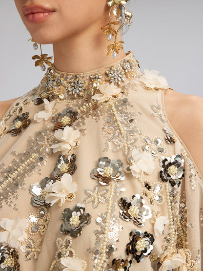 Sequin Floral Embroidery Cold-Shoulder Top