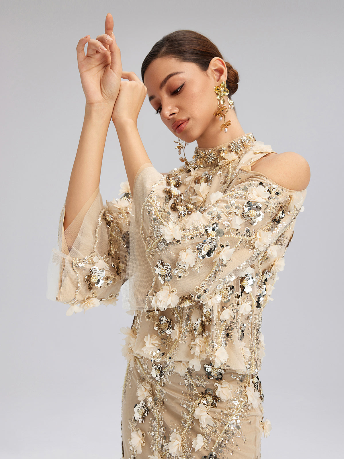 Sequin Floral Embroidery Cold-Shoulder Top