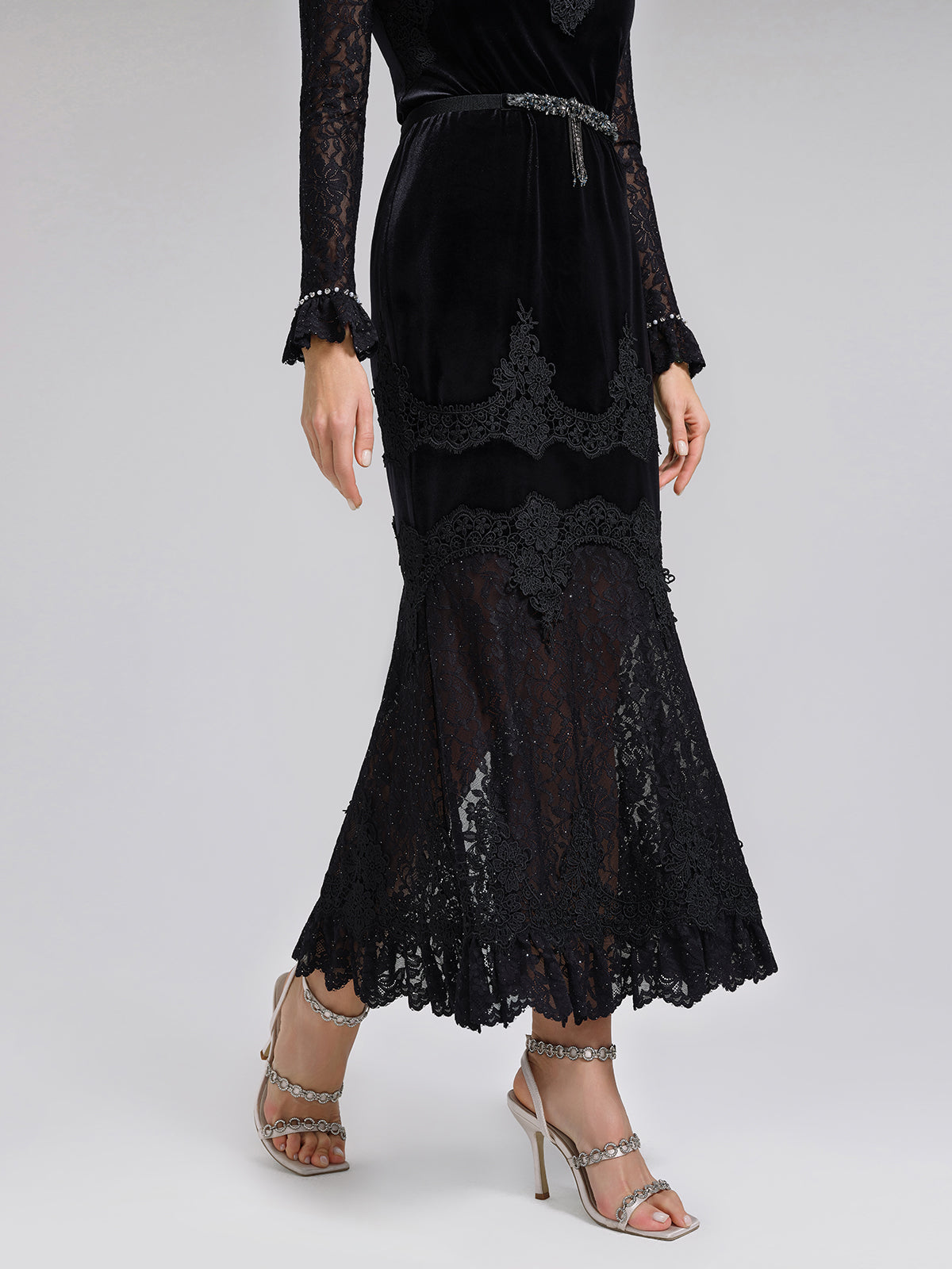 Sequin Lace Velvet Panel Fishtail Skirt