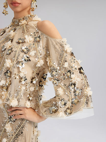 Sequin Floral Embroidery Cold-Shoulder Top