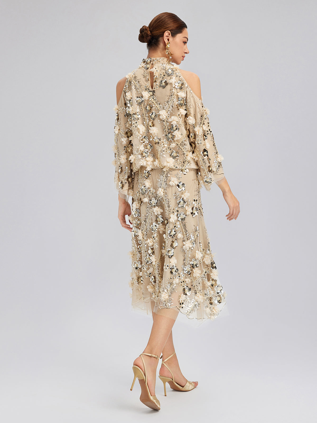 Sequin Floral Embroidery Cold-Shoulder Top