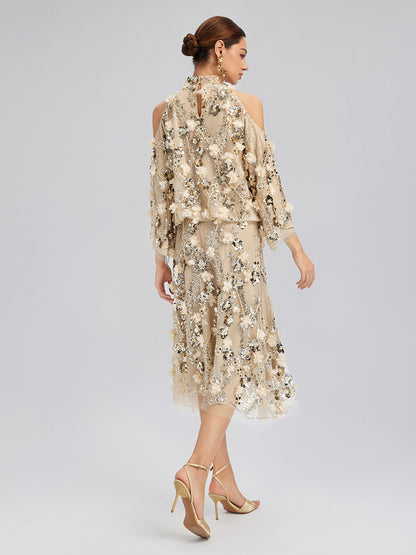 Sequin Floral Embroidery Cold-Shoulder Top