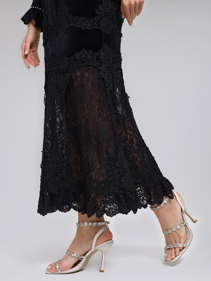 Sequin Lace Velvet Panel Fishtail Skirt