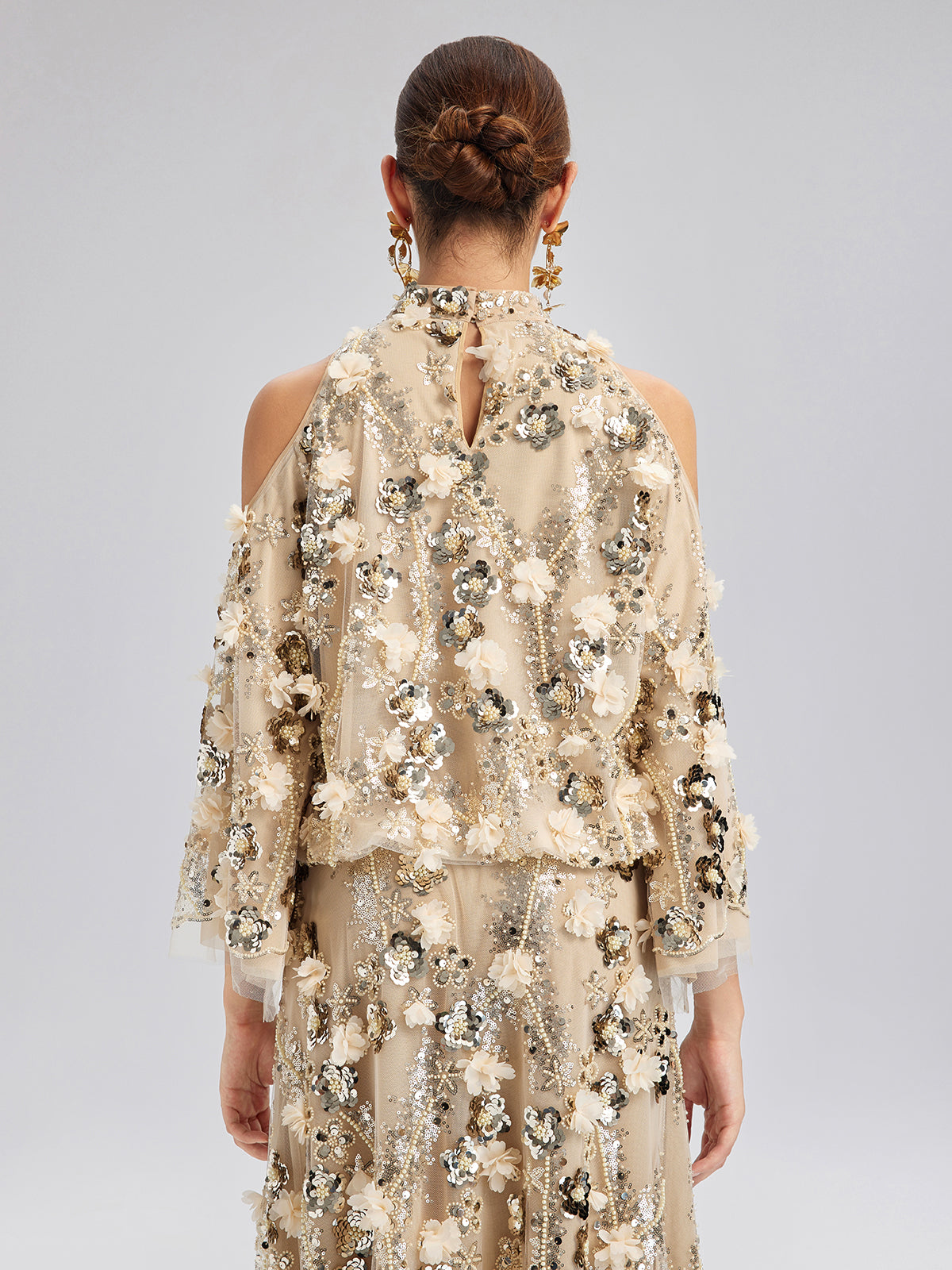 Sequin Floral Embroidery Cold-Shoulder Top