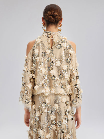 Sequin Floral Embroidery Cold-Shoulder Top
