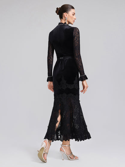 Sequin Lace Velvet Panel Fishtail Skirt