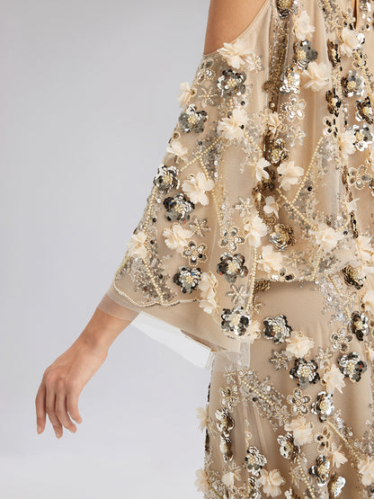 Sequin Floral Embroidery Cold-Shoulder Top