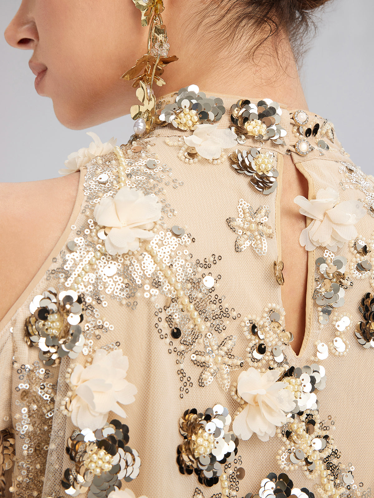 Sequin Floral Embroidery Cold-Shoulder Top