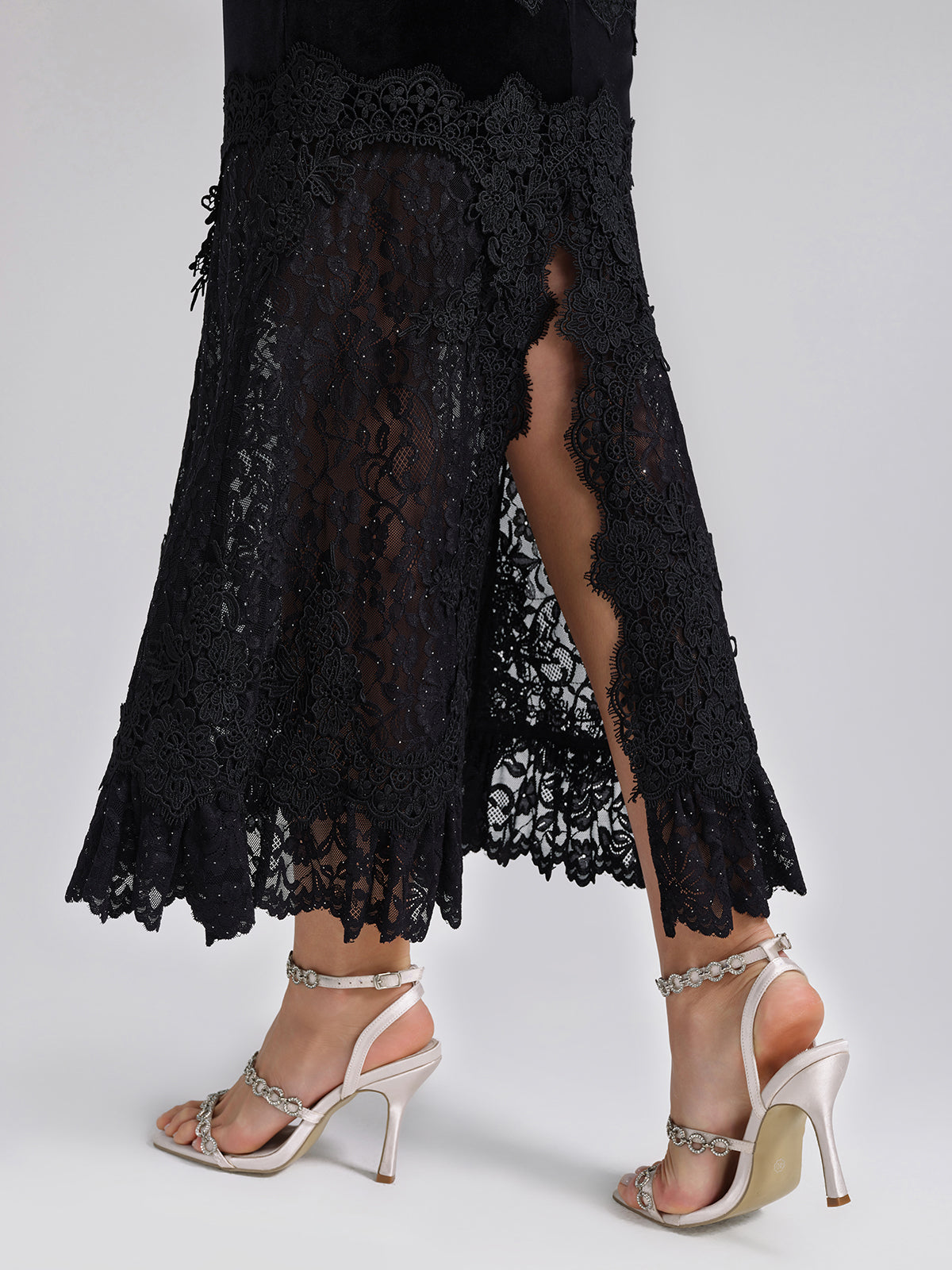 Sequin Lace Velvet Panel Fishtail Skirt