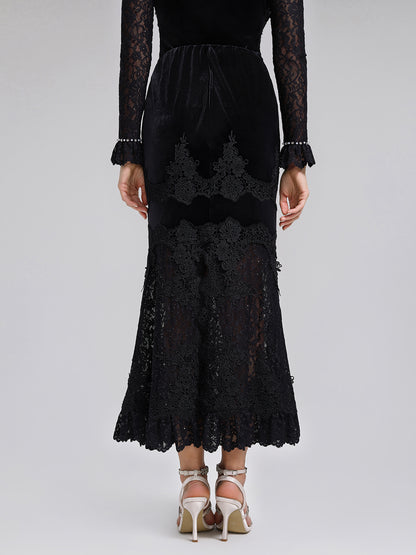 Sequin Lace Velvet Panel Fishtail Skirt
