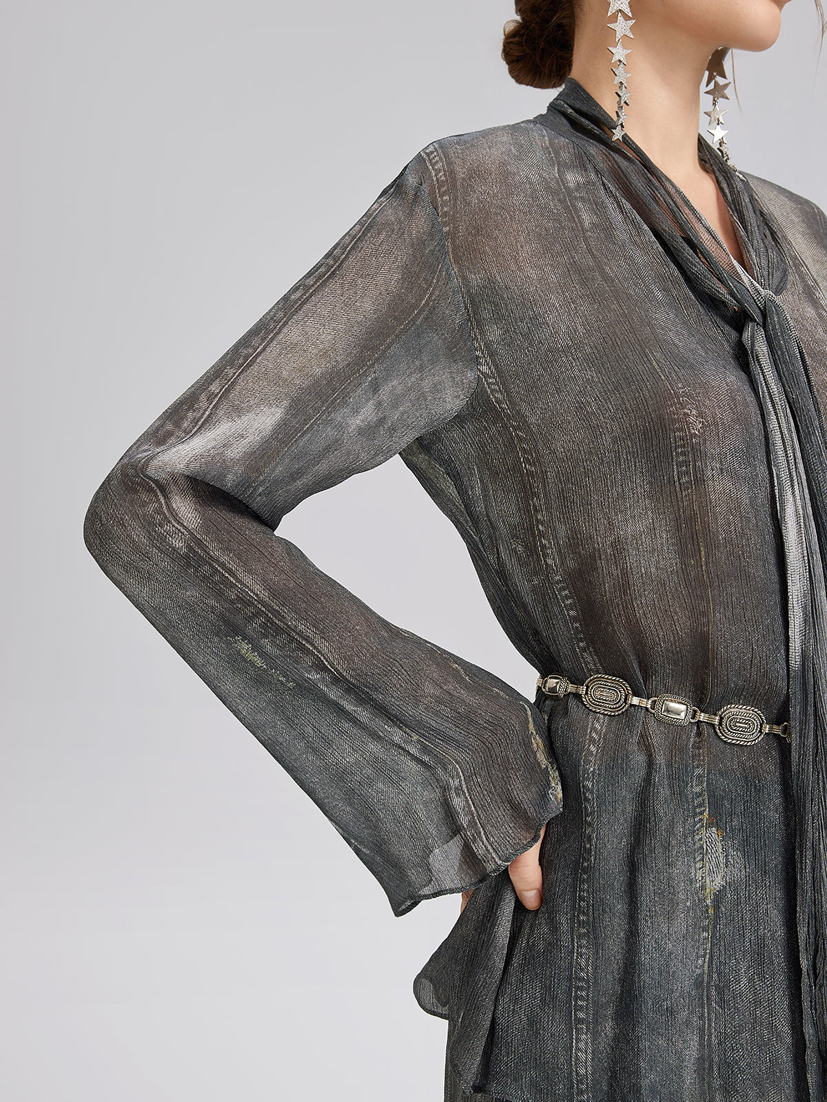 Final Sale | Faux Denim Washed Tie Blouse