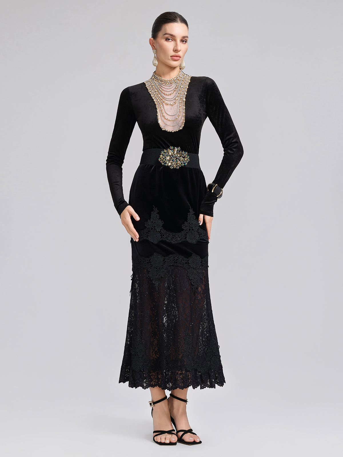 Sequin Lace Velvet Panel Fishtail Skirt