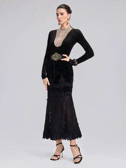 Sequin Lace Velvet Panel Fishtail Skirt