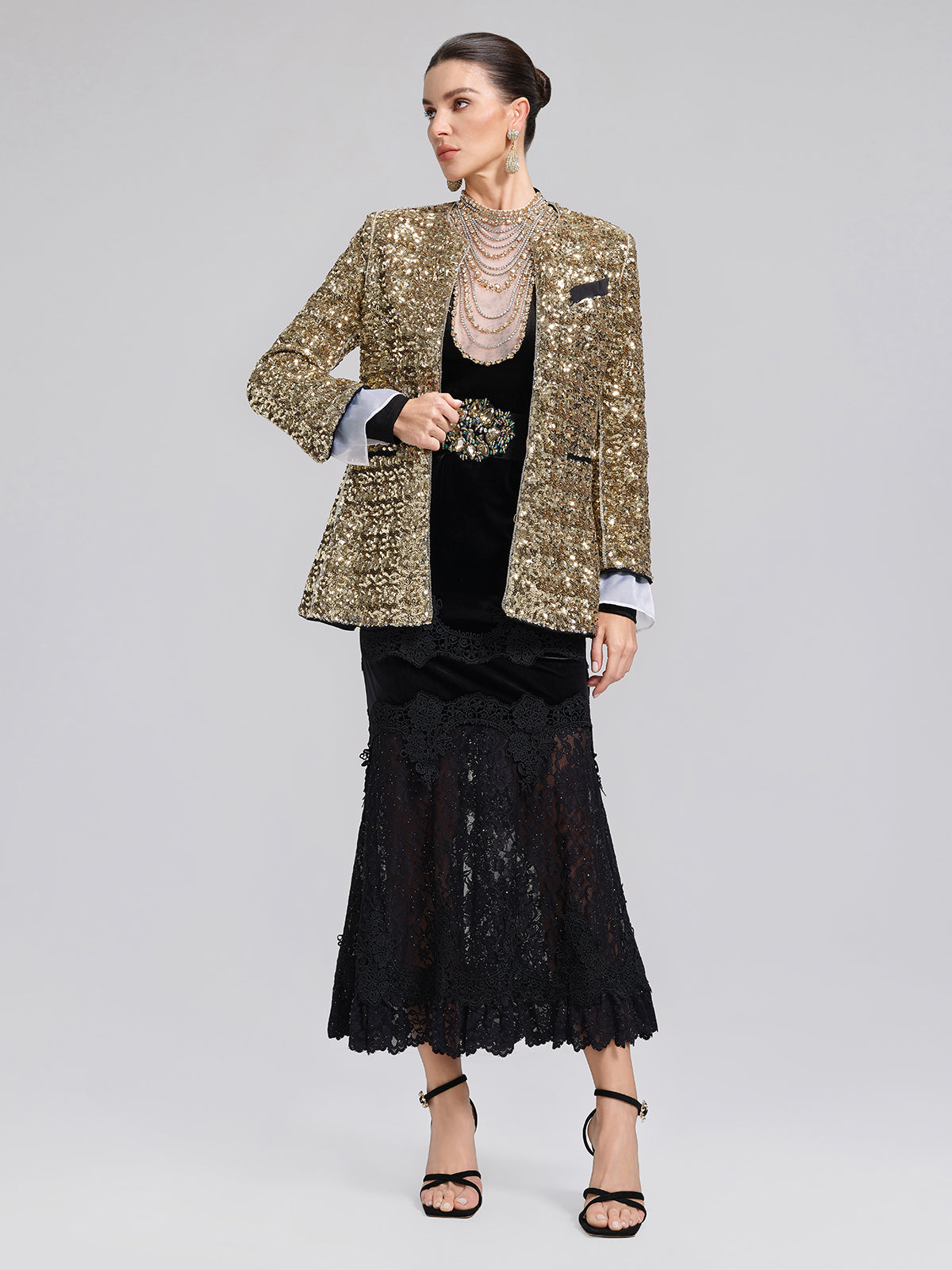 Sequin Lace Velvet Panel Fishtail Skirt