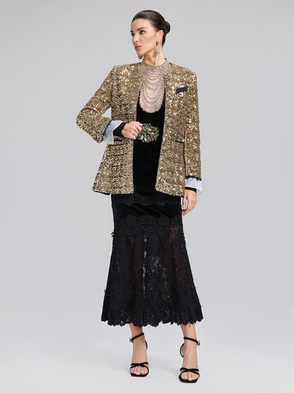 Sequin Lace Velvet Panel Fishtail Skirt