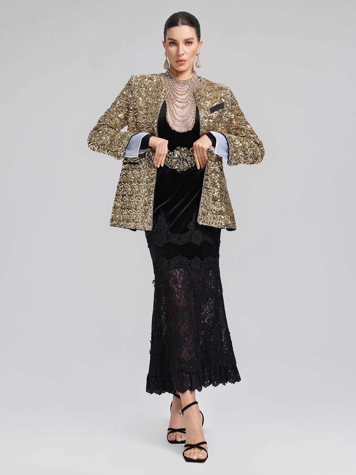 Sequin Lace Velvet Panel Fishtail Skirt