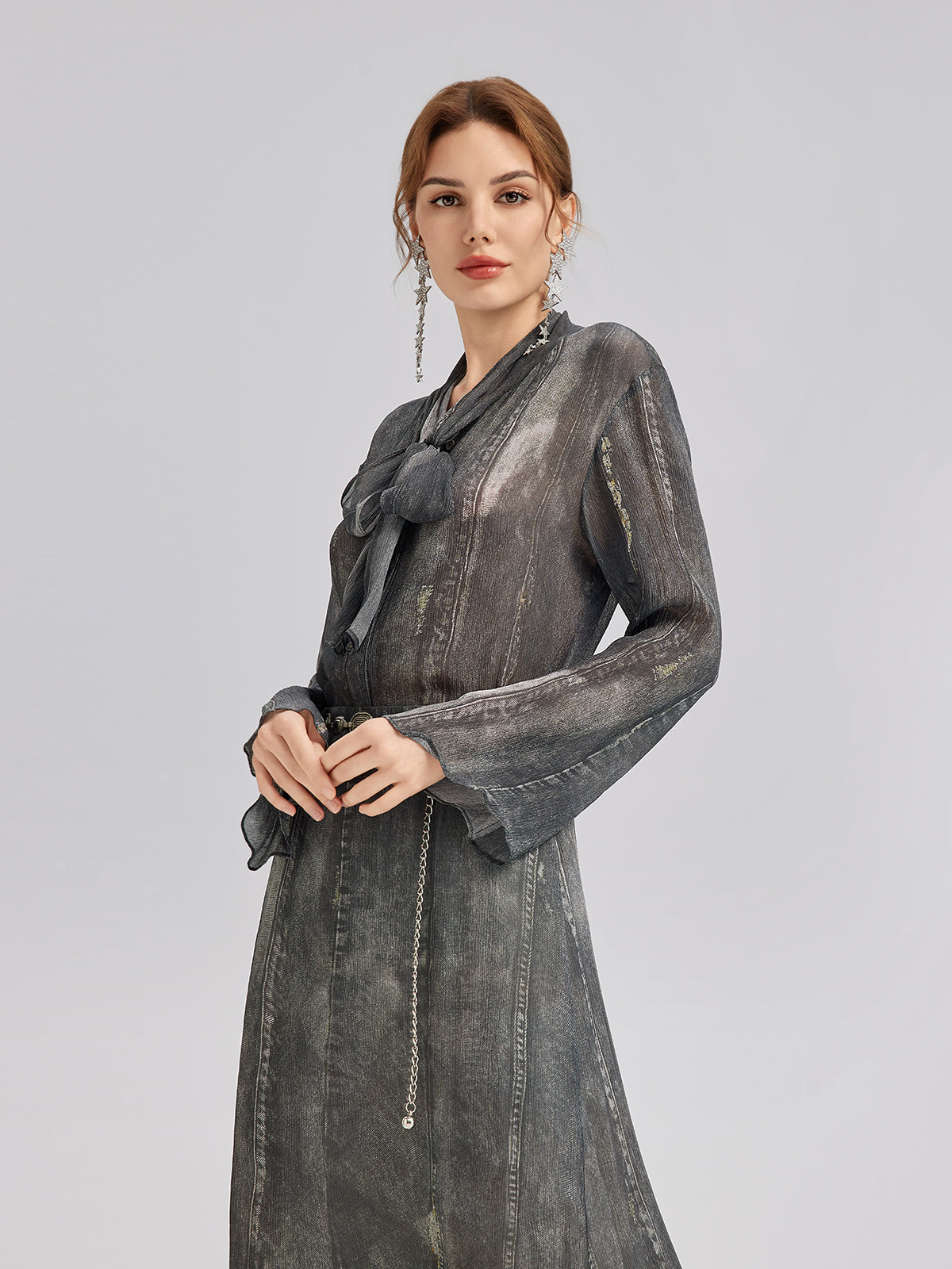 Final Sale | Faux Denim Washed Tie Blouse