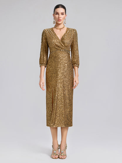Gold Sequin Crystal V-Neck Dress