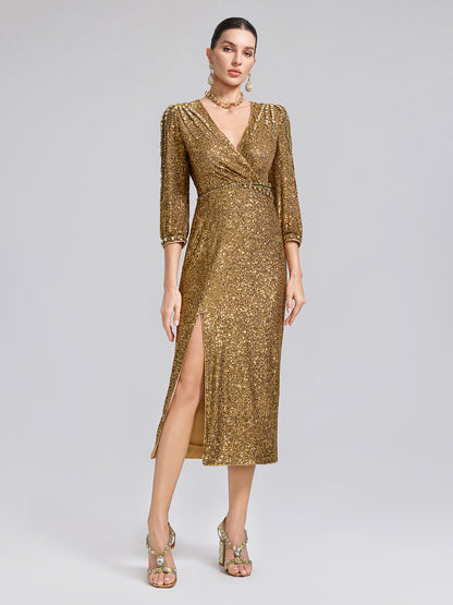 Gold Sequin Crystal V-Neck Dress