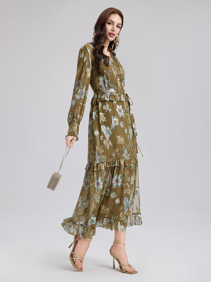 Silk Jacquard Hand-Painted Floral Dress