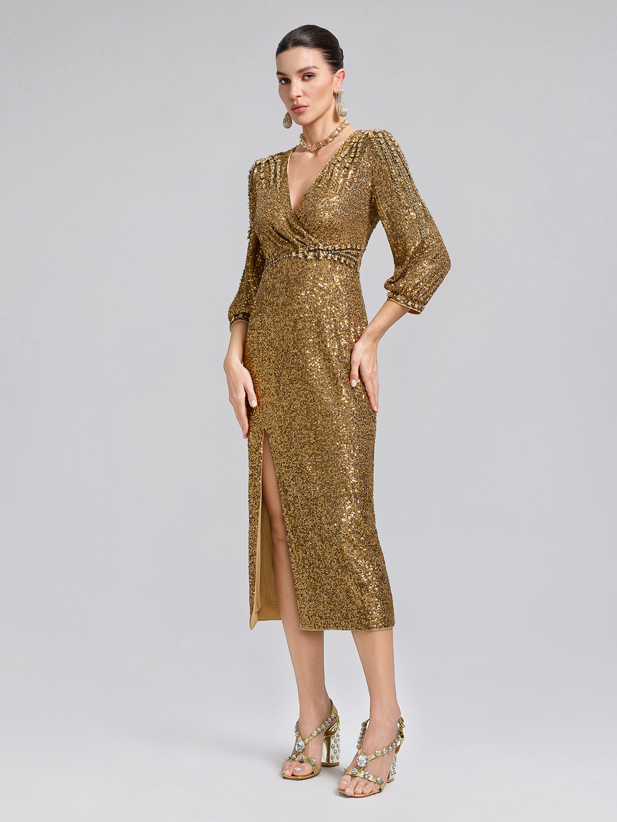 Gold Sequin Crystal V-Neck Dress