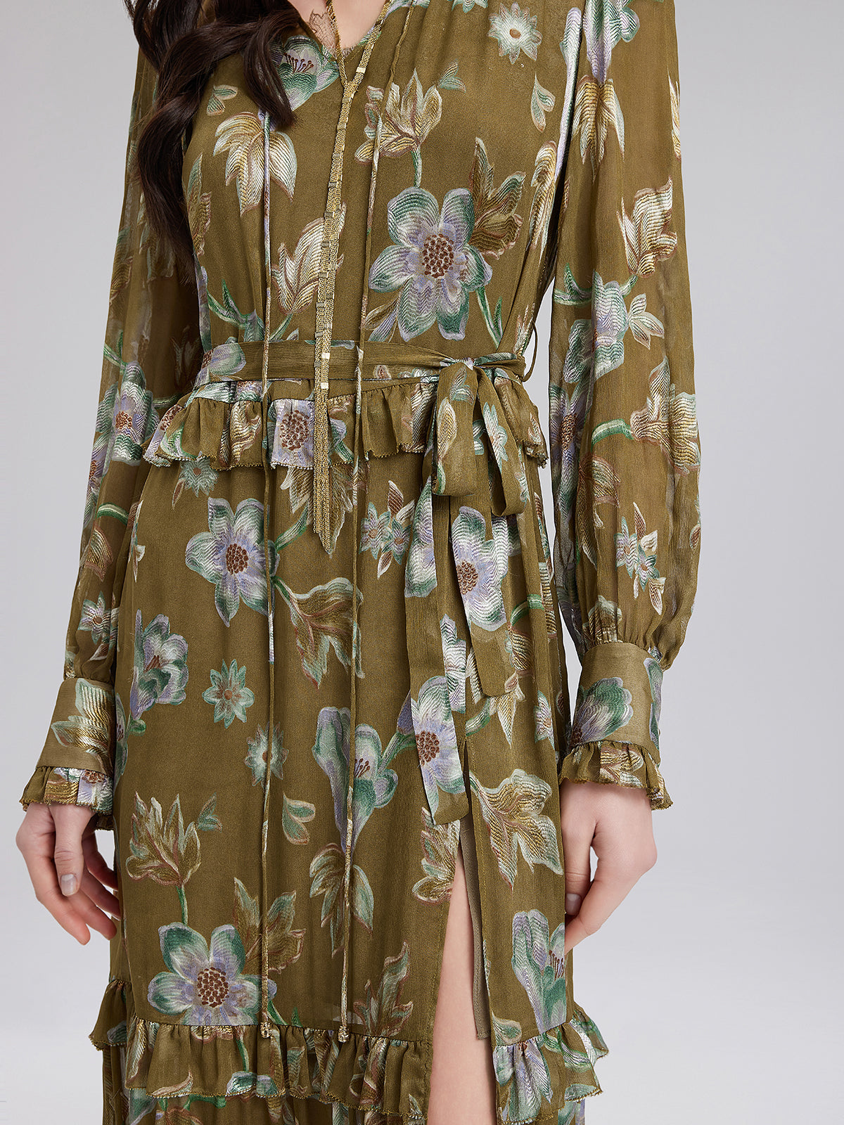 Silk Jacquard Hand-Painted Floral Dress